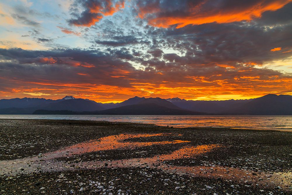 Art Print: USA, Washington State, Seabeck. Vivid sunset over Hood Canal and Olympic Mountains.