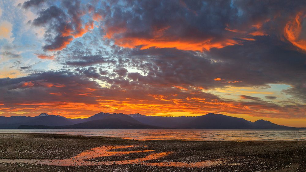 Art Print: USA, Washington State, Seabeck. Vivid sunset panoramic over Hood Canal and Olympic Mountains.