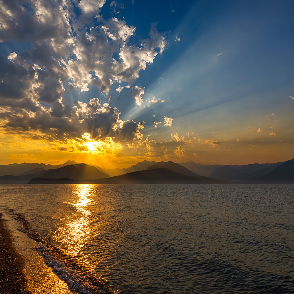 Art Print: USA, Washington State, Seabeck. Sunset over Hood Canal and Olympic Mountains.