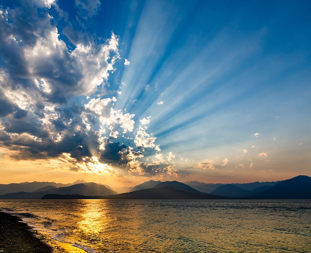 Art Print: USA, Washington State, Seabeck. Sunset over Hood Canal and Olympic Mountains.