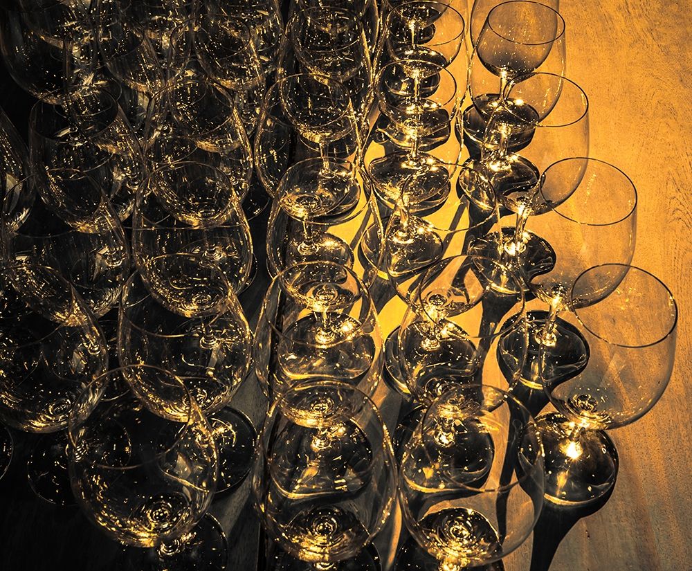 Wall art: Washington State-Walla Walla Pattern of empty wine glasses in rich sunlight on wooden table, by Duval, Richard