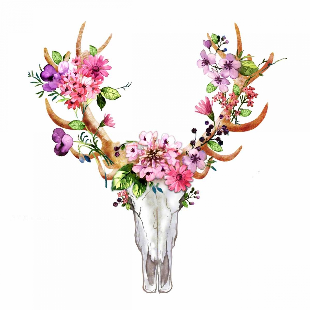 Wall Art Painting id:150810, Name: Rustic Deer Skull with Flowers, Artist: Atelier B Art Studio
