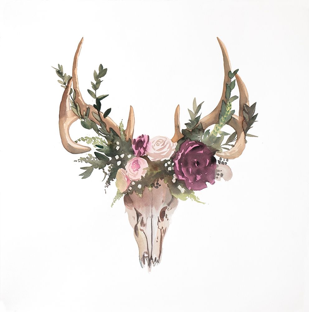 Wall Art Painting id:193995, Name: Deer Skull with Flowers, Artist: Atelier B Art Studio