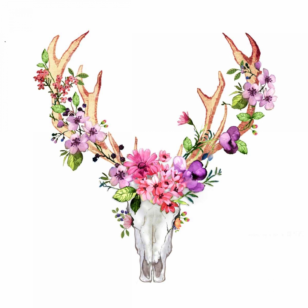 Wall Art Painting id:150809, Name: Deer Skull with Flowers , Artist: Atelier B Art Studio