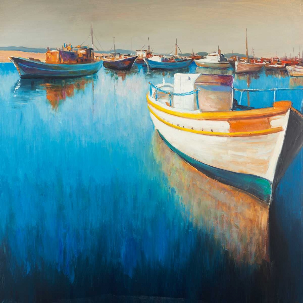 Wall art: Fishing Boat at the Marina, by Atelier B Art Studio