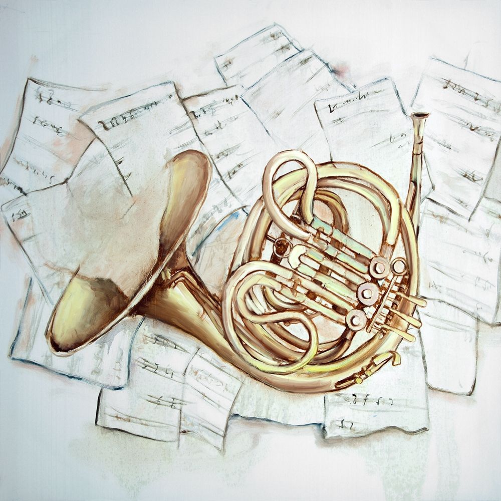 Wall art: HORN ON MUSIC SHEET, by Atelier B Art Studio