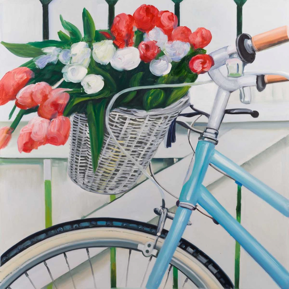Wall Art Painting id:151046, Name: Bicycle with Tulips Flowers in Basket, Artist: Atelier B Art Studio