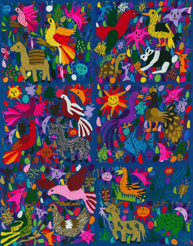Wall art: Amazing multicoloured mexican tapestry on blue background, by anonymous