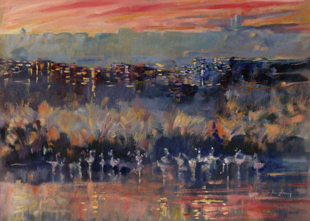 Wall Art Painting id:170386, Name: Sunset over the city with trees sardinia, Artist: Zucca, Gianfranco