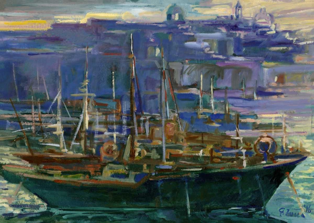 Wall Art Painting id:170391, Name: Boats moored port old town sea, Artist: Zucca, Gianfranco