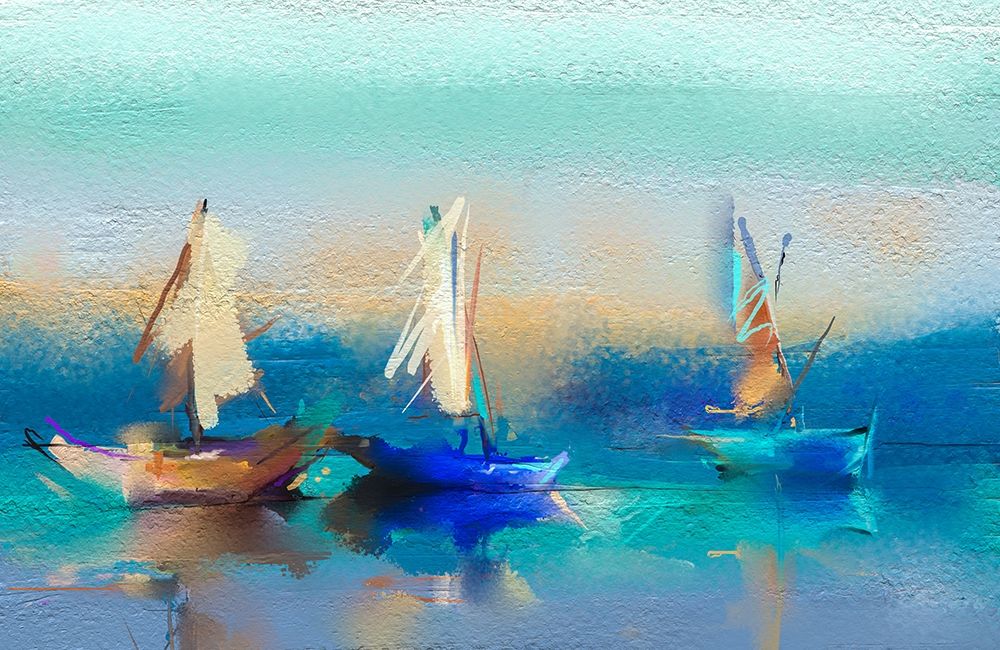 Wall Art Painting id:261505, Name: Abstract Seascape and Boats, Artist: Pornmingmas, N.