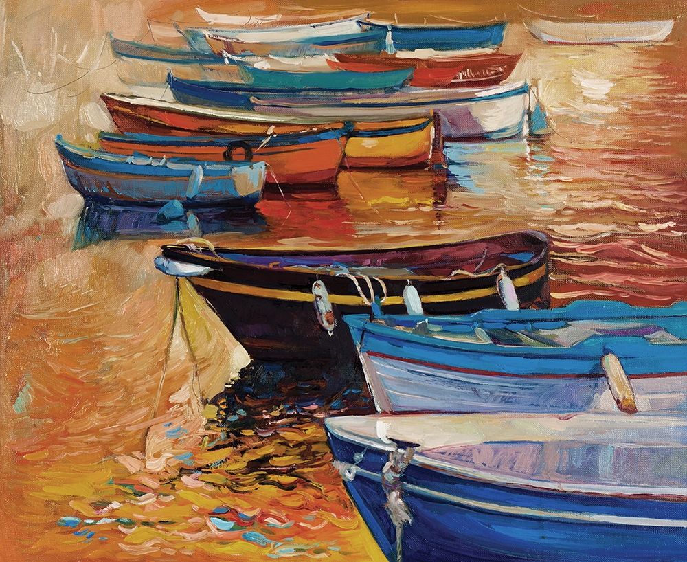 Wall Art Painting id:279025, Name: Rowboats Moored on Ocean, Artist: Dimitrov, Boyan