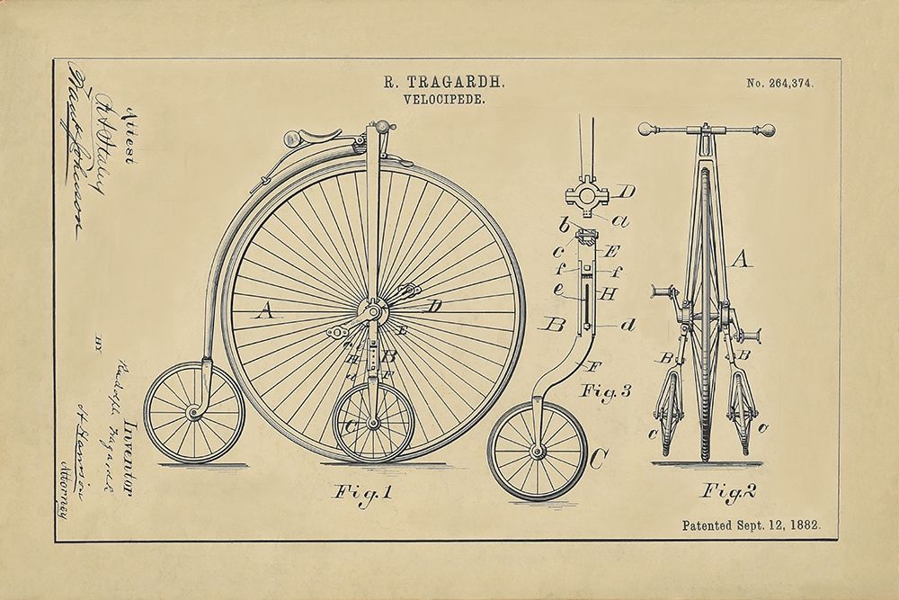 Wall Art Painting id:279068, Name: Velocipede Technical Drawing, Artist: Anonymous
