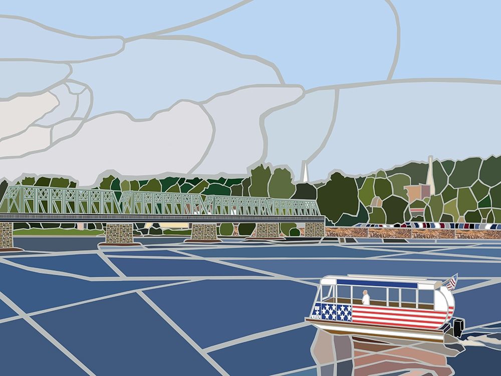 Wall Art Painting id:306721, Name: Lambertsville Bridge w Boat , Artist: Mandell, Jonathan