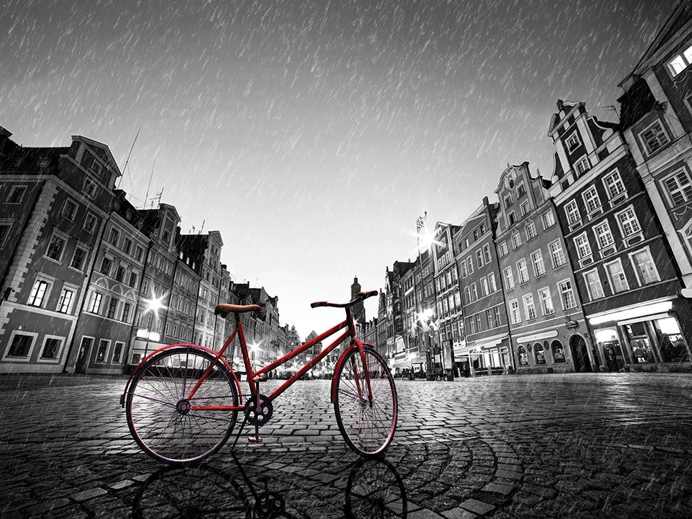 Wall art: Red Bike on Cobble Stone Street, by Bednarek, M.