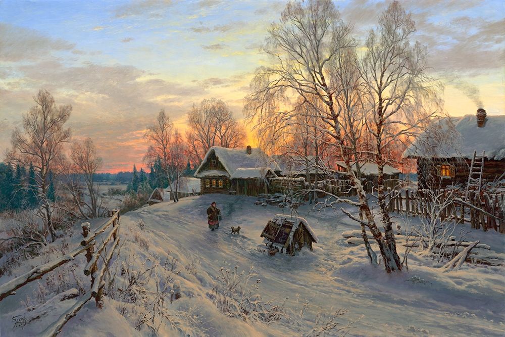 Art Print: Winter evening in the village