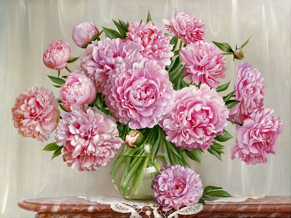 Wall Art Painting id:255866, Name: Peonies on a marble table, Artist: Buzin, Igor
