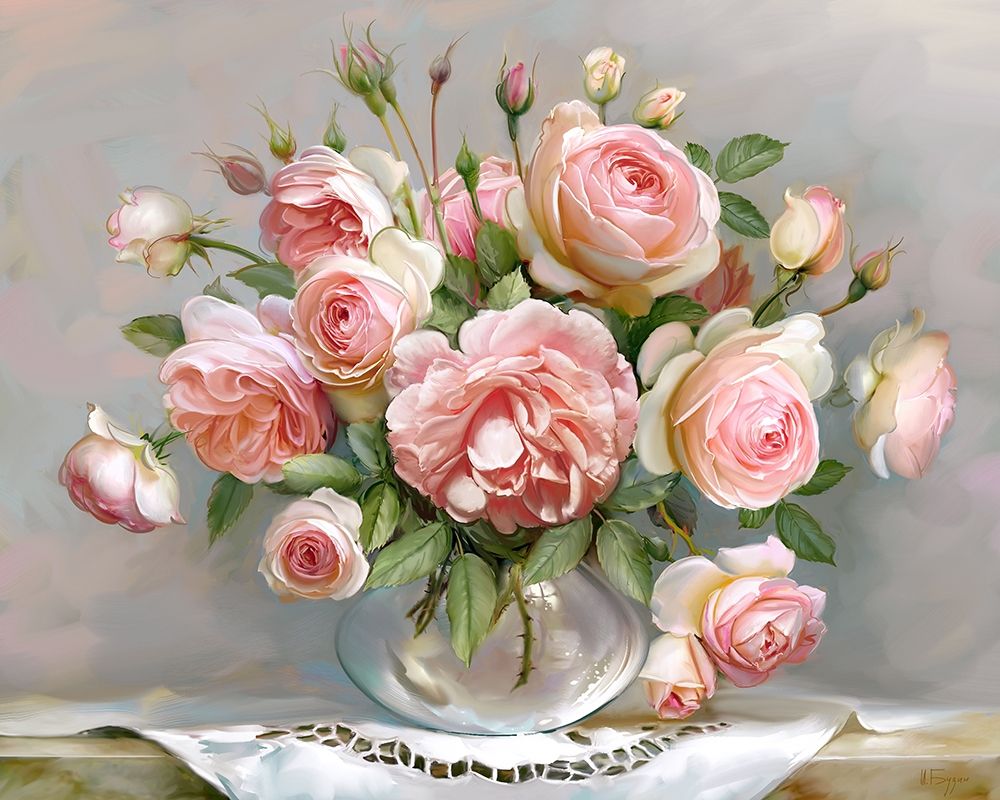 Wall art: Roses in a glass vase, by Buzin, Igor