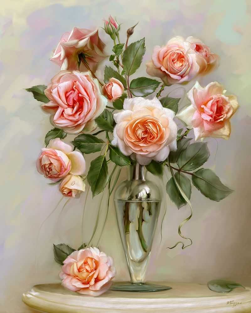 Wall art: Roses on a marble table, by Buzin, Igor