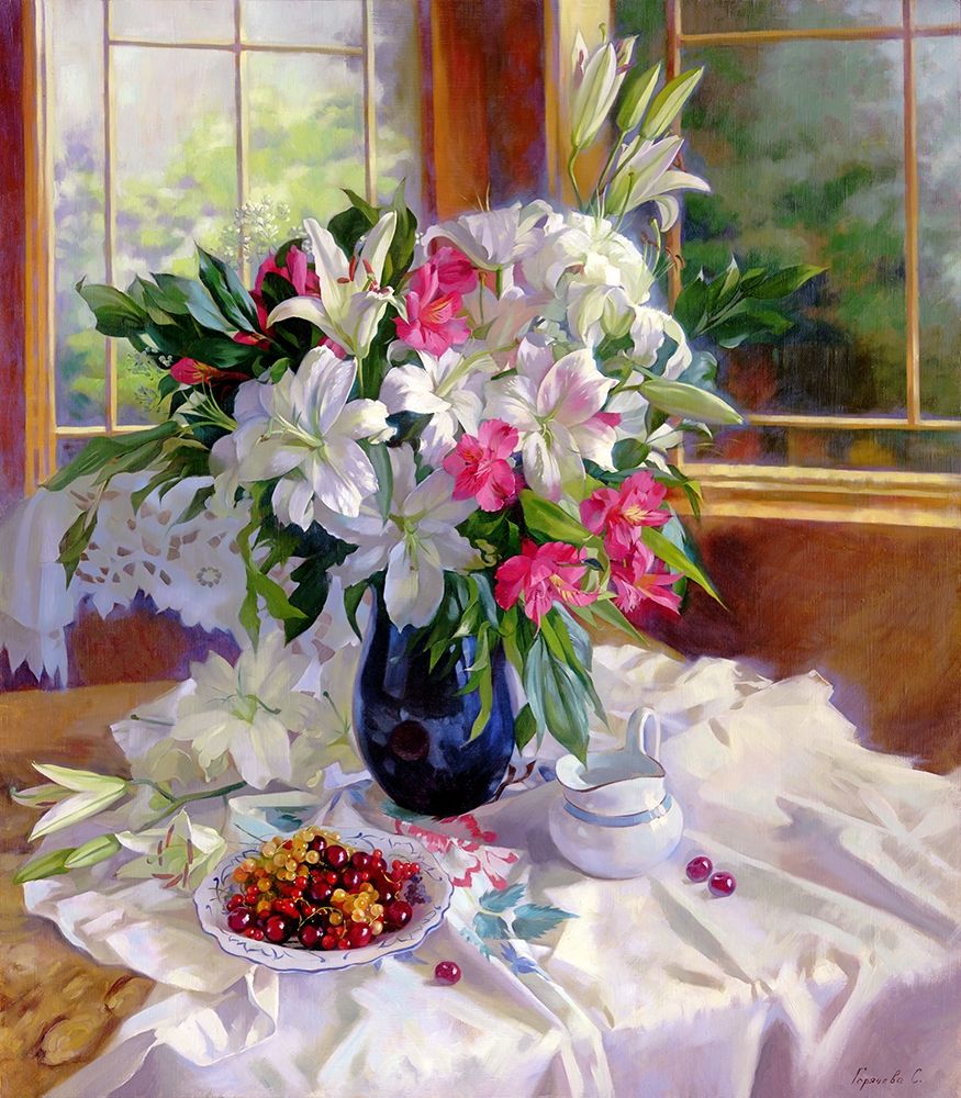 Wall Art Painting id:260963, Name: Lilies on the terrace, Artist: Goryacheva, Svetlana