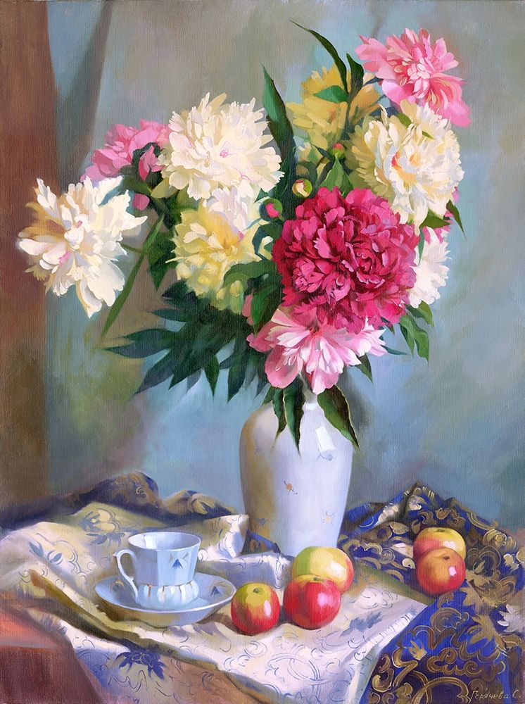 Wall Art Painting id:260964, Name: Peonies and apples, Artist: Goryacheva, Svetlana