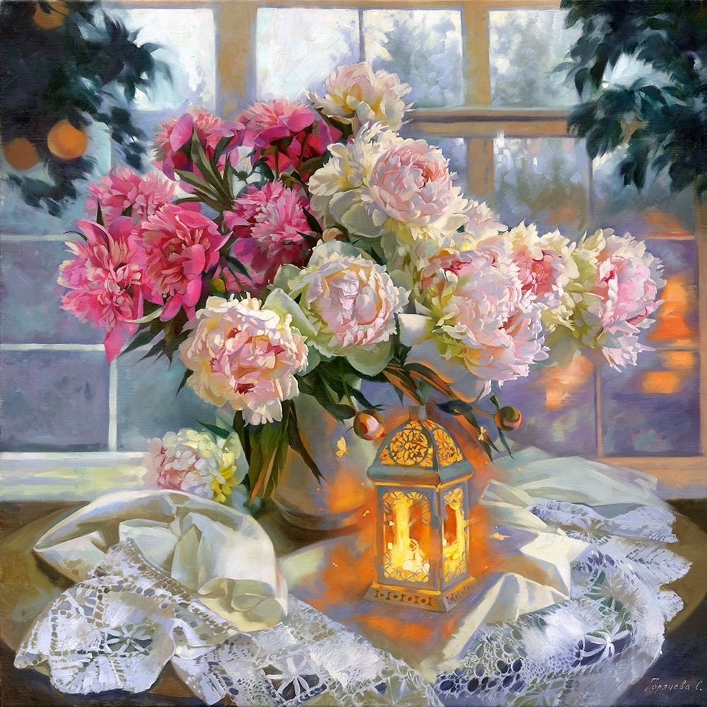 Wall Art Painting id:260966, Name: Peonies and lantern, Artist: Goryacheva, Svetlana