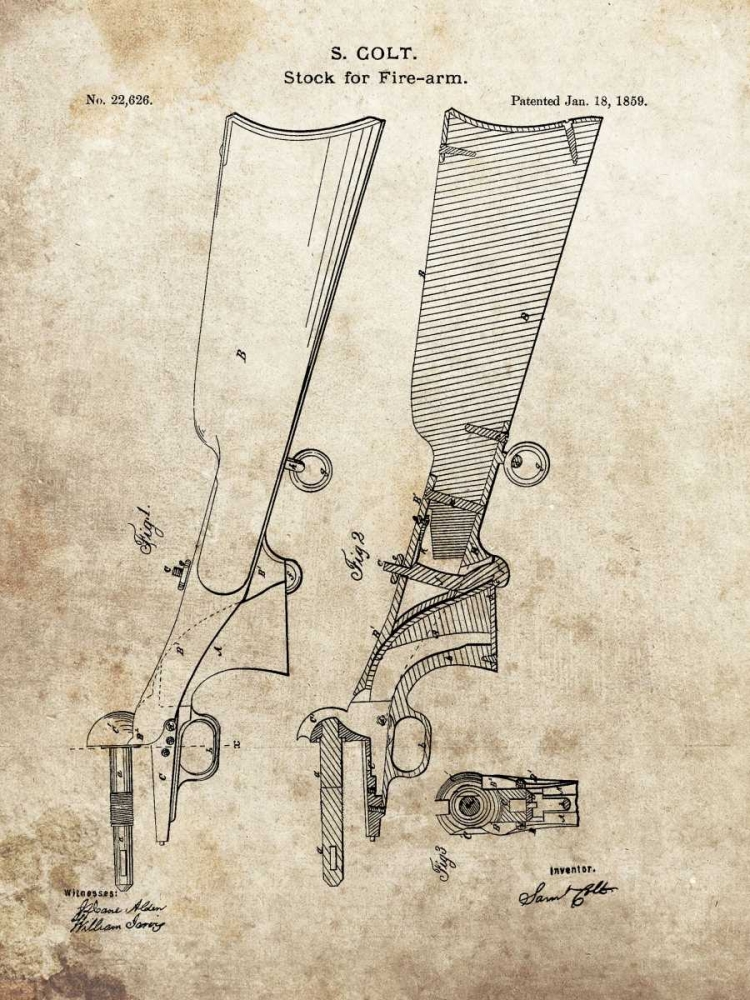 Wall Art Painting id:318188, Name: Colt Firearm Stock,1859, Artist: Sproul, Dan