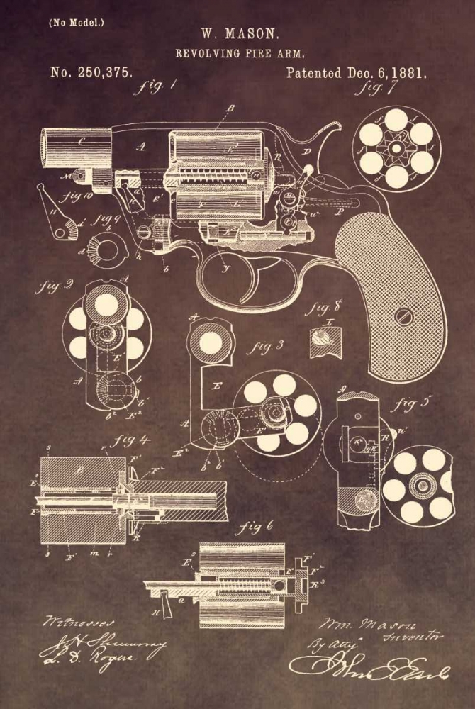 Wall Art Painting id:318196, Name: Revolving Firearm - 1881-Brown, Artist: Sproul, Dan