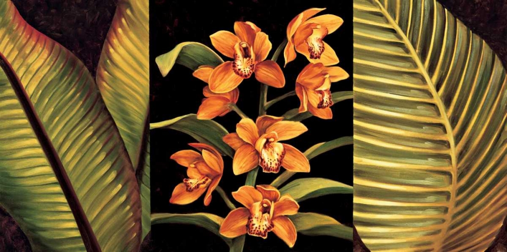 Wall Art Painting id:316876, Name: Orange Orchids and Palm Leaves, Artist: Jimenez, Rodolfo