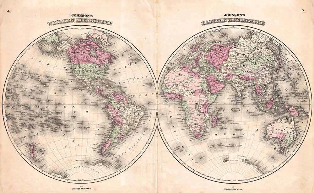 Wall Art Painting id:285776, Name: 1862 Johnson Map of the World, Artist: Johnson