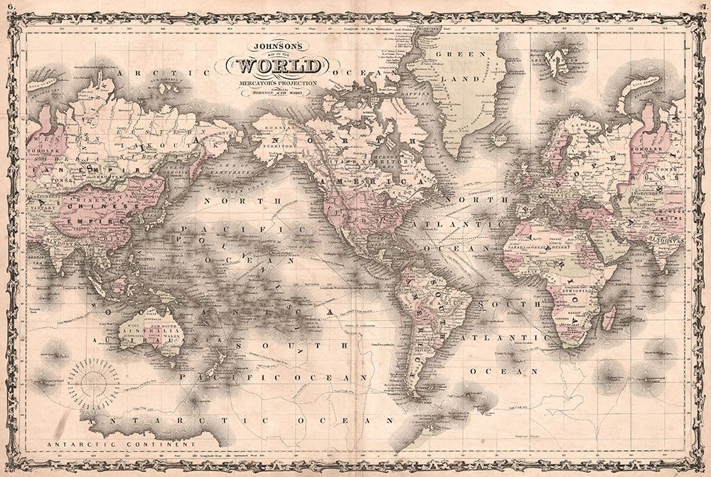 Wall Art Painting id:285778, Name: 1862 Johnson Vintage Map of the World , Artist: Johnson