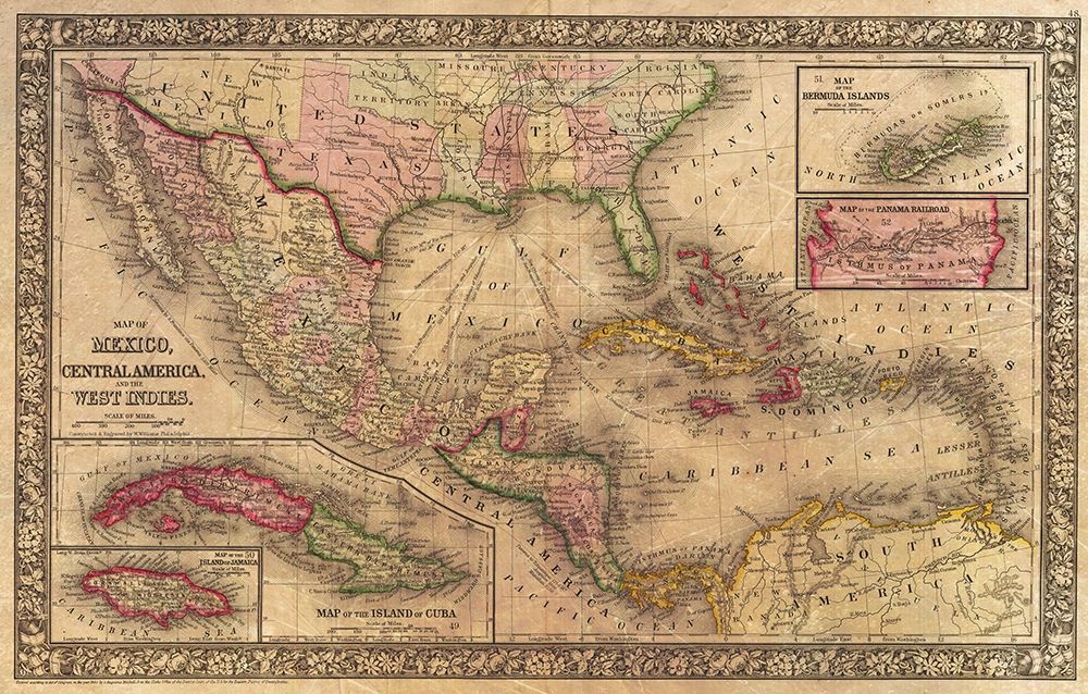 Wall Art Painting id:285786, Name: 1866 Mitchell Map of Mexico and the West Indies Antiqued, Artist: Mitchell