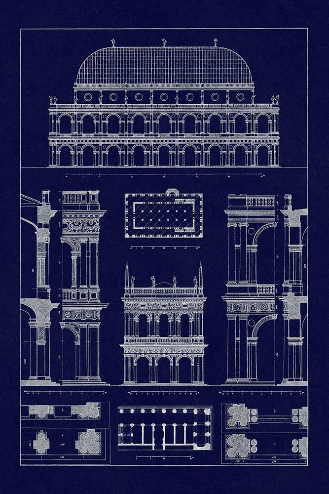Wall Art Painting id:345852, Name: Basilica at Vicenza and Library of St. Marks at Venice (Blueprint), Artist: Buhlmann, J.