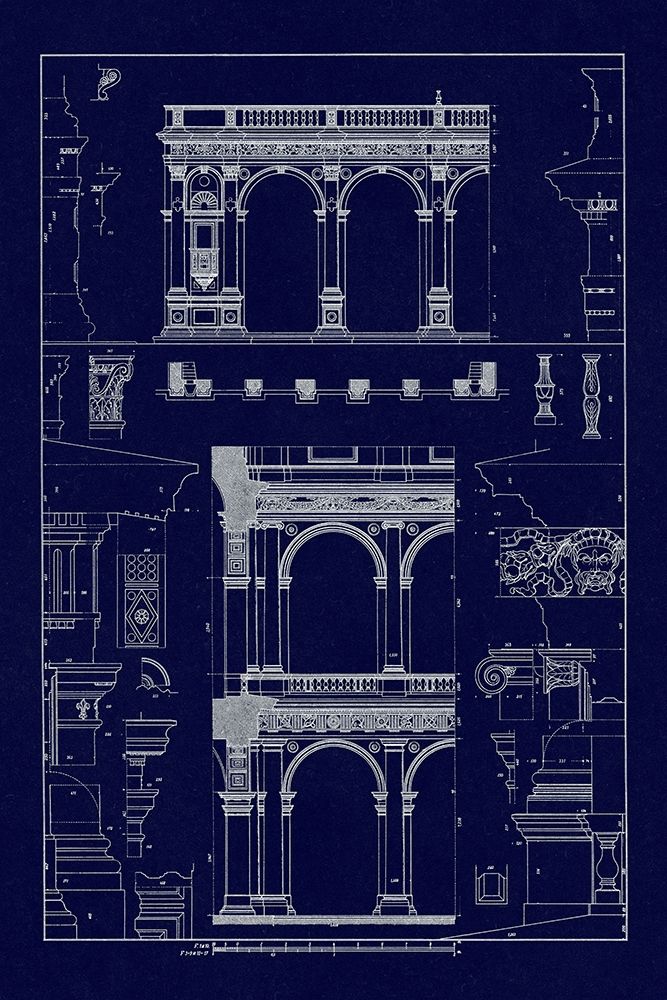 Wall Art Painting id:345909, Name: Porch of the Cathedral of Spoleto and Arcade from Palazzo Farnese (Blueprint), Artist: Buhlmann, J.
