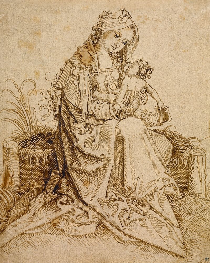 Art Print: The Virgin and Child on a Grassy Bench