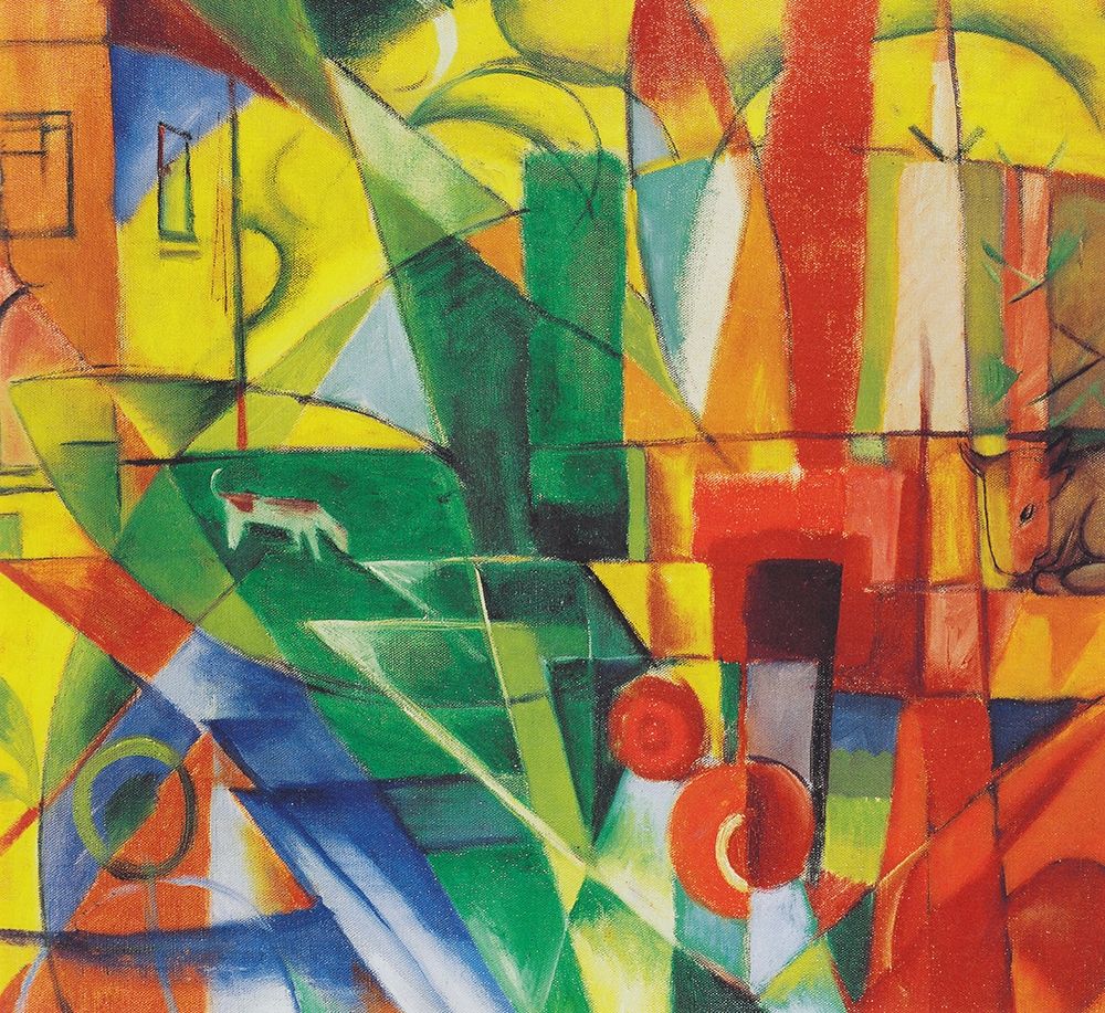 Wall Art Painting id:344175, Name: Landscape with House, Dog and Cattle, 1914, Artist: Marc, Franz