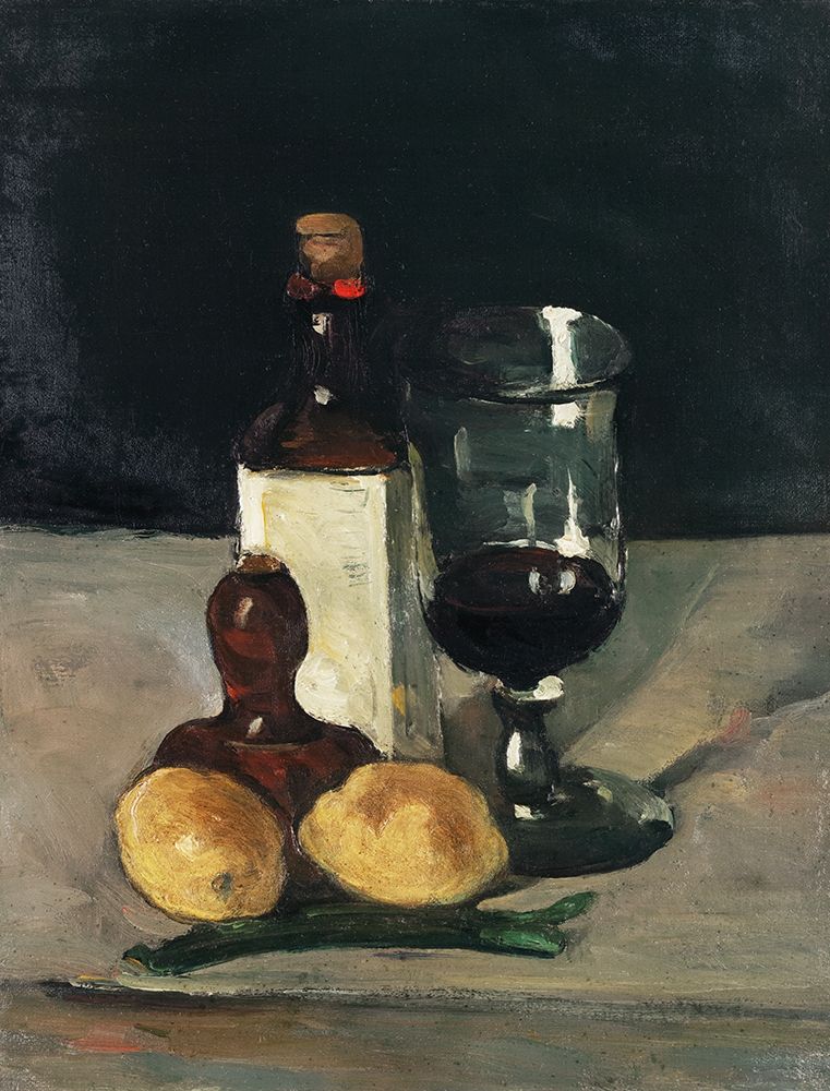 Art Print: Still Life with Bottle, Glass, and Lemons