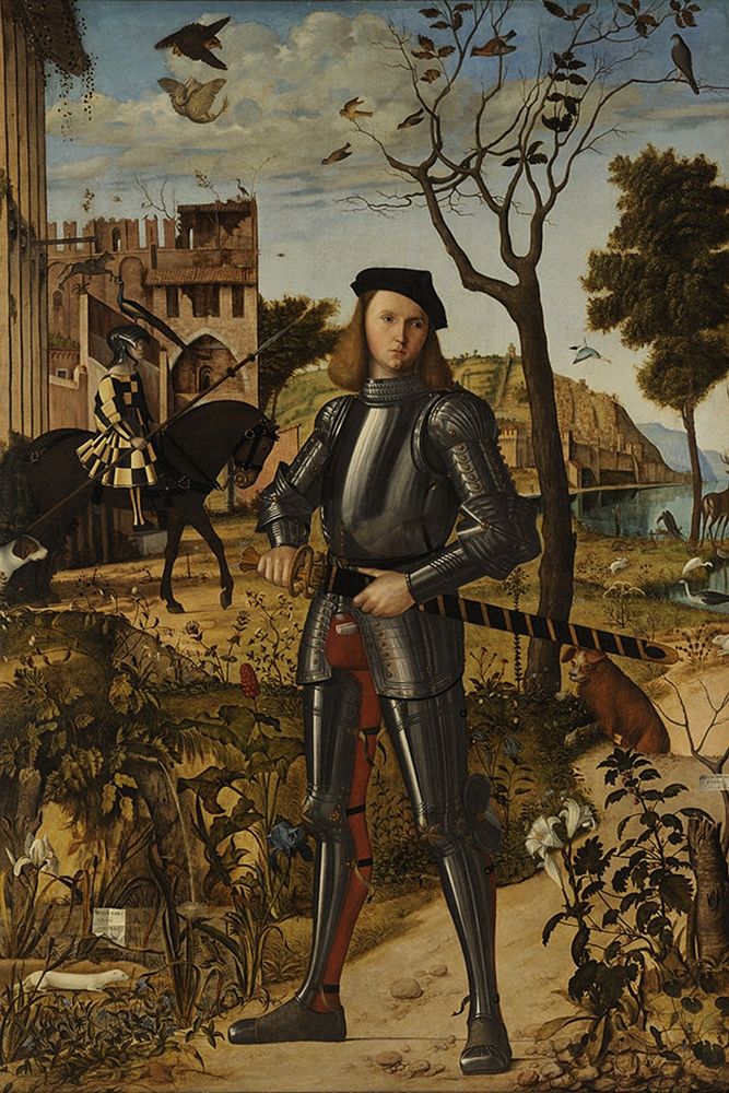Wall Art Painting id:370558, Name: Young Knight in a Landscape, Artist: Carpaccio, Vittore