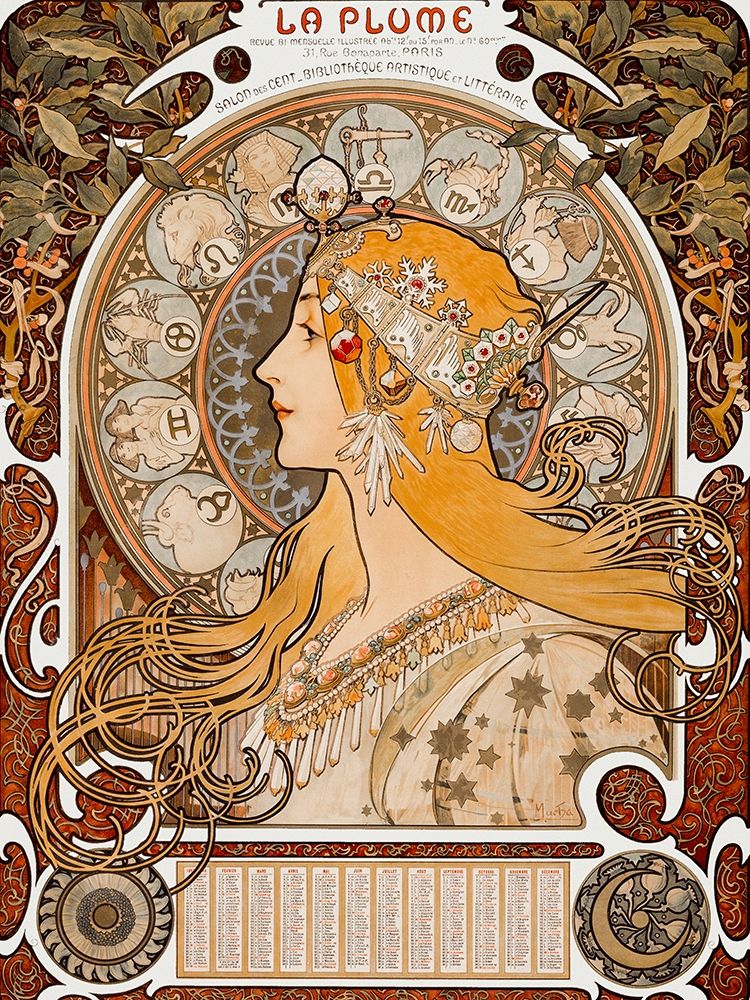 Wall Art Painting id:384559, Name: Zodiaque or La Plume, Artist: Mucha, Alphonse
