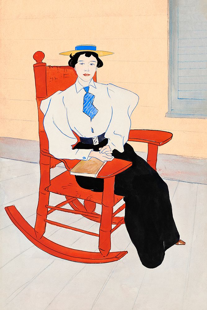 Art Print: Young Woman Seated in a Red Rocking Chair