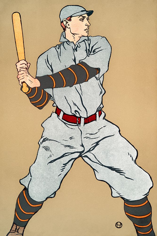 Art Print: Vintage Drawing of a baseball player holding a bat