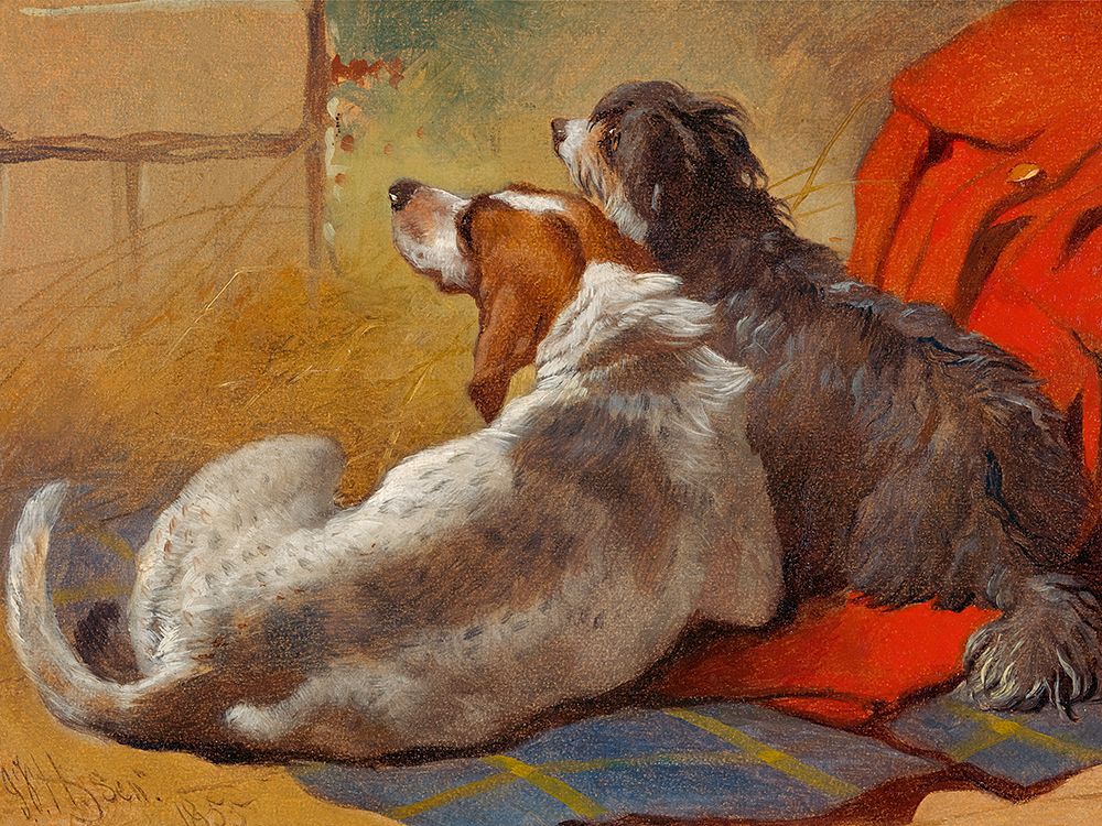 Wall Art Painting id:439575, Name: A Hound and a Bearded Collie seated on a Hunting Coat, Artist: Herring, John Frederick