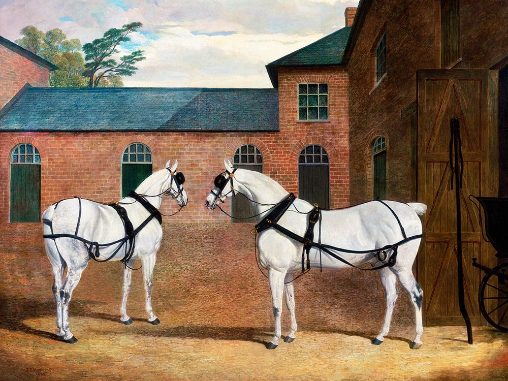 Wall Art Painting id:439578, Name: Grey carriage horses in the coachyard at Putteridge Bury-Hertfordshire, Artist: Herring, John Frederick