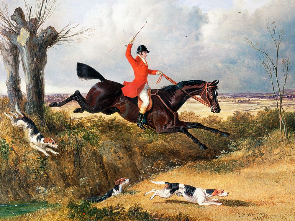 Wall Art Painting id:439585, Name: Foxhunting-Clearing a Ditch, Artist: Herring, John Frederick