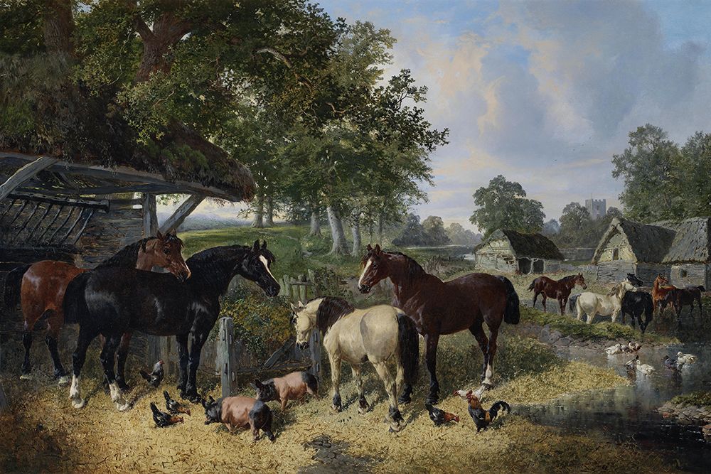 Wall Art Painting id:439598, Name: Horses-pigs and chickens in a farmyard, Artist: Herring, John Frederick