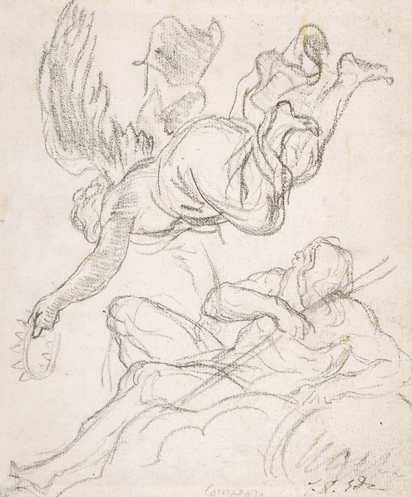 Wall Art Painting id:730718, Name: Flying Figure Holding a Crown, Reclining River God, Artist: David, Jacques-Louis