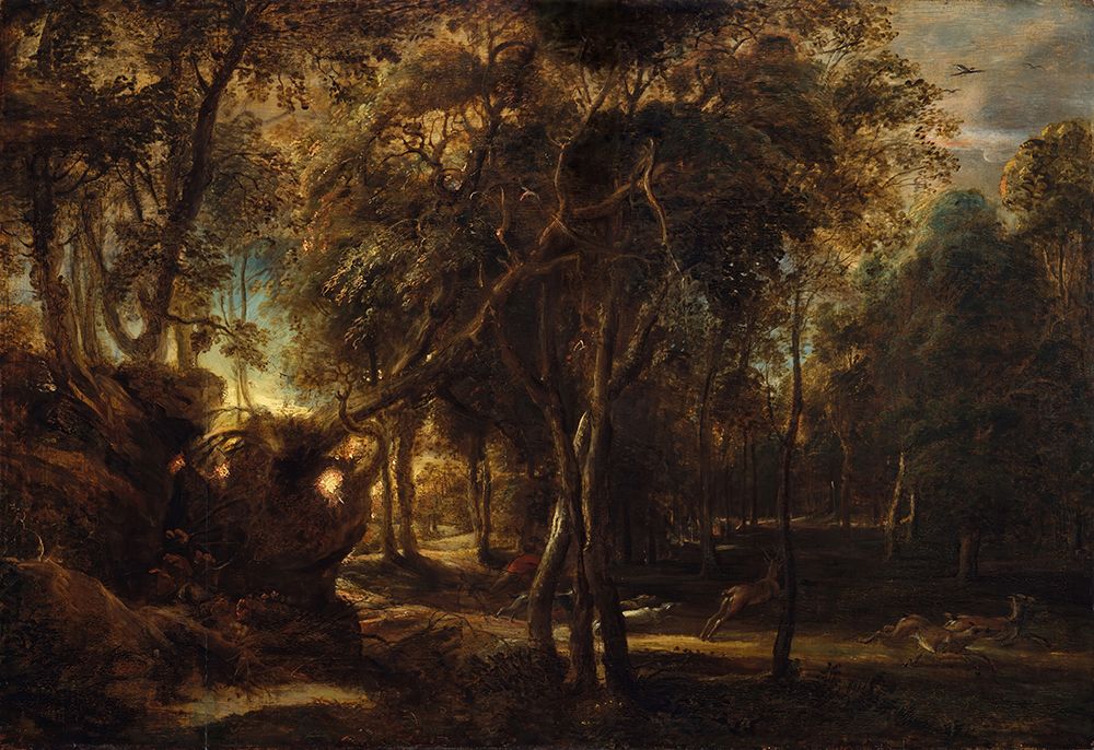 Wall Art Painting id:745247, Name: A Forest at Dawn with a Deer Hunt 1635, Artist: Rubens, Peter Paul