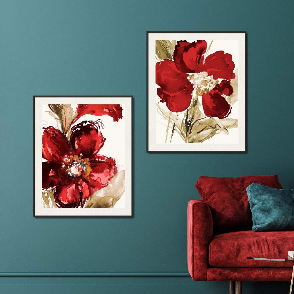 Set of wall art painting,Bright Red Bloom 