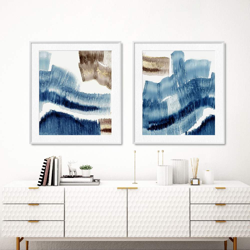 Set of wall art painting,Lines of Blue