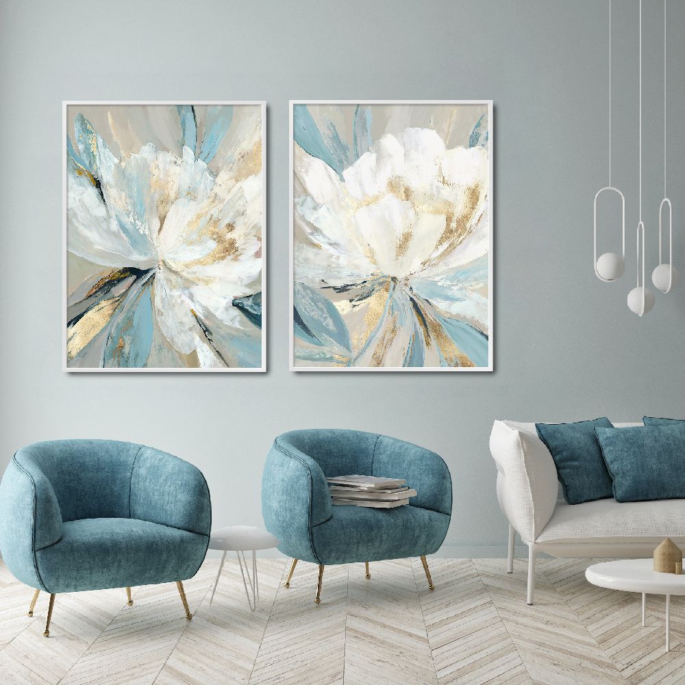 Set of wall art painting,Golden Blue Floral 